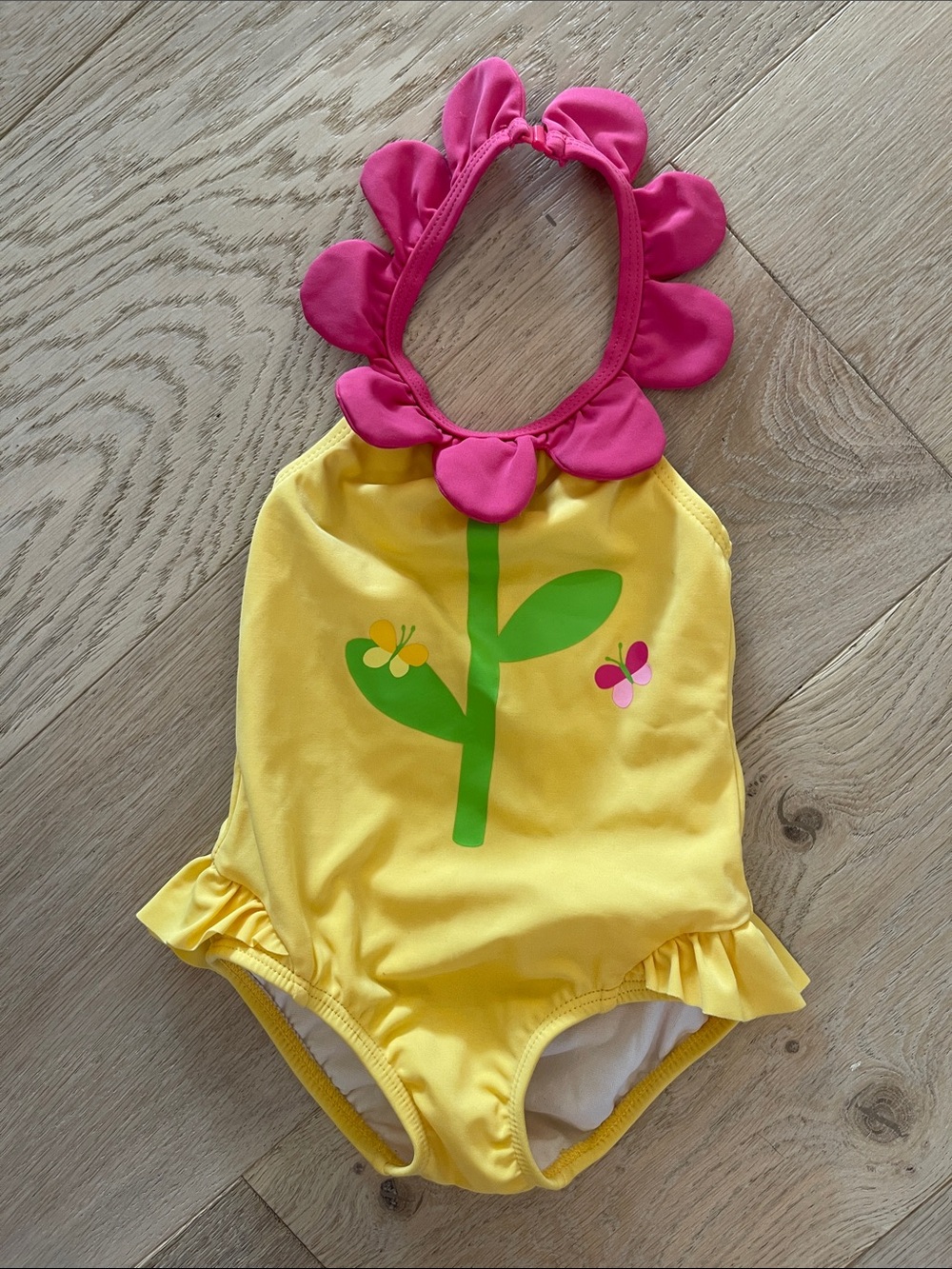 Gymboree Yellow One-Piece Swimsuit with Pink Flower Neck